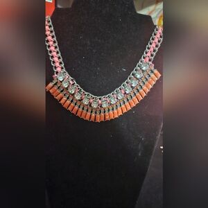 Ann Taylor Loft Pink and Orange Rhinestone Silver Tone Necklace